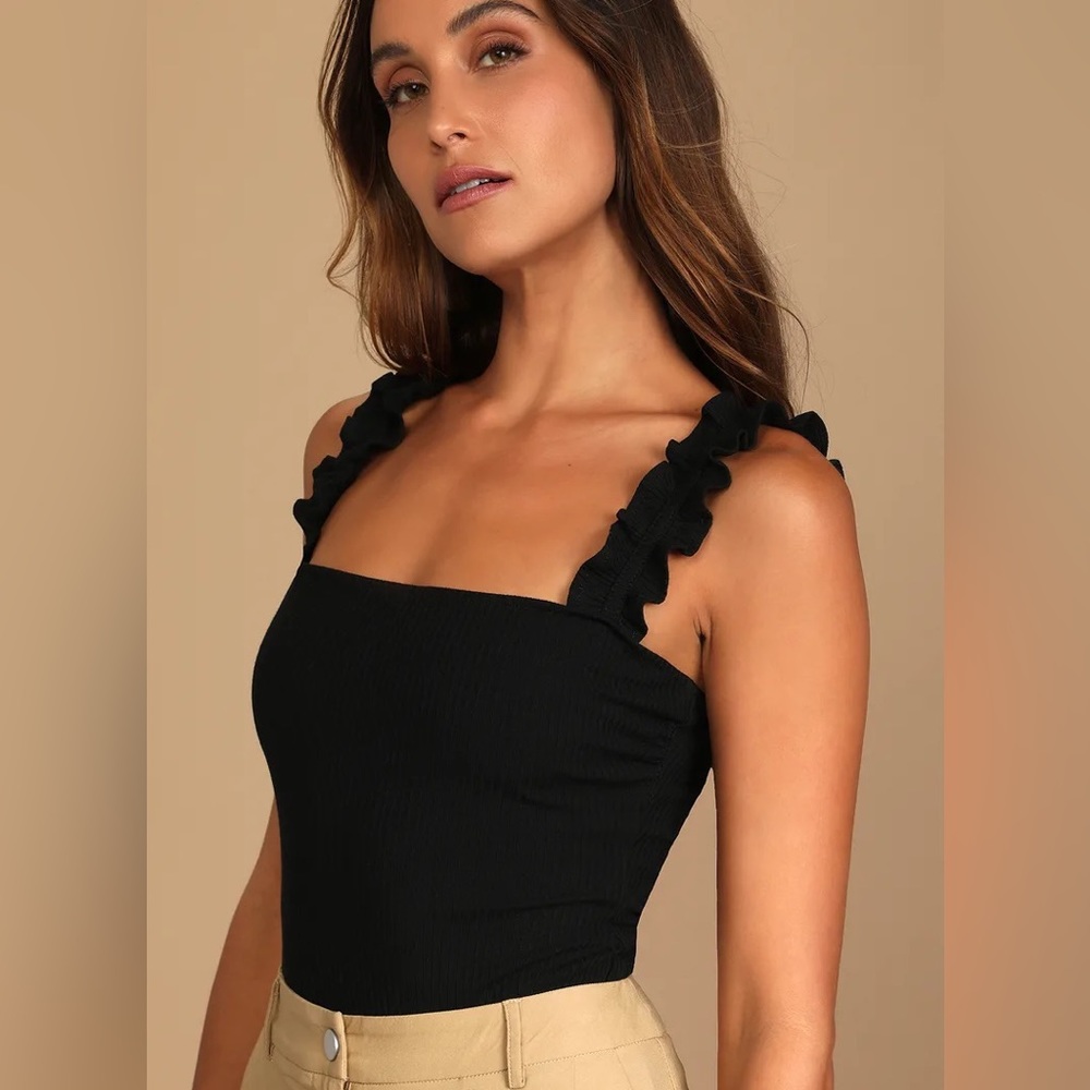 Lulu’s Musing About You Black Ribbed Ruffle Strap Bodysuit